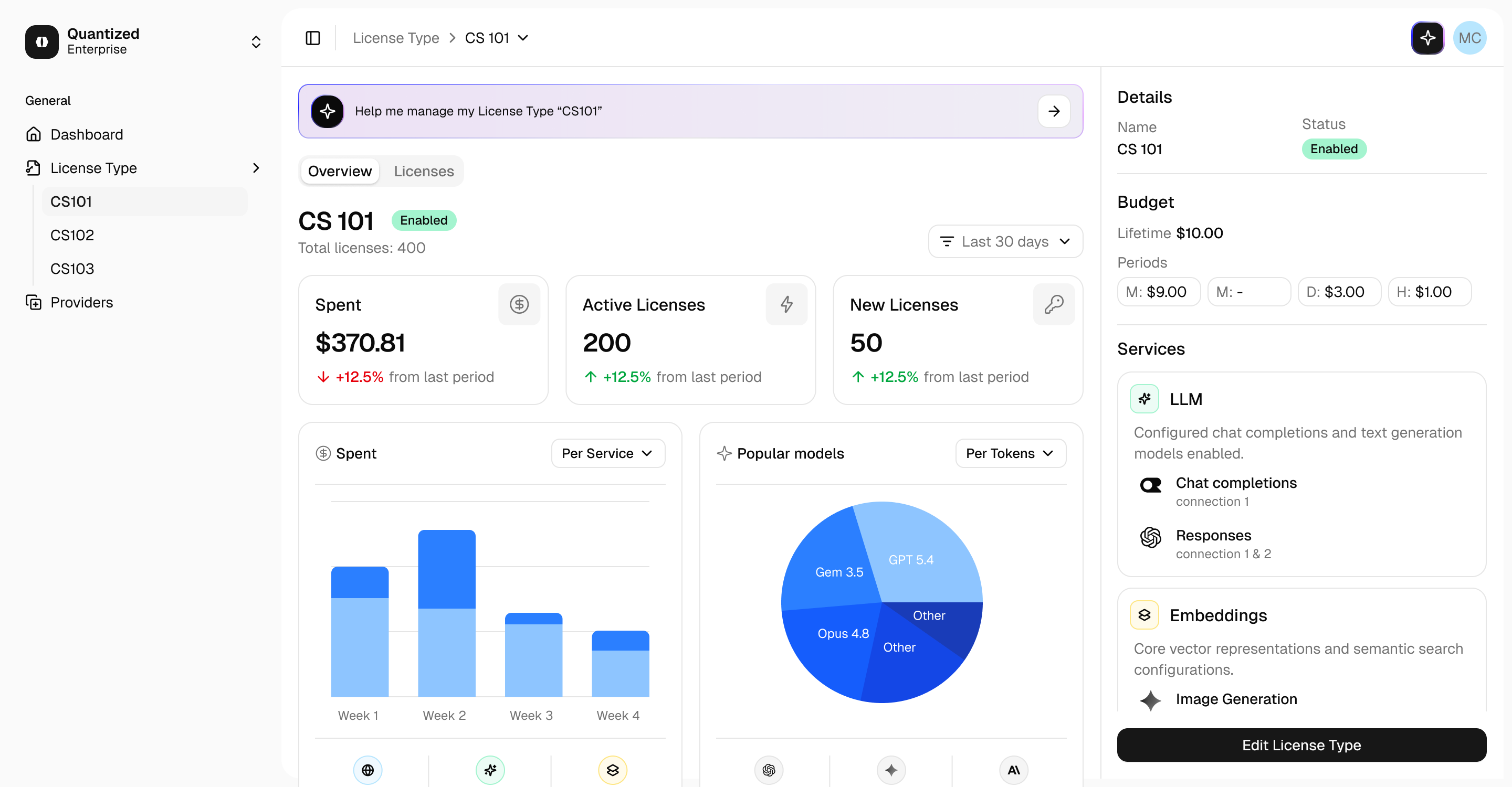 Quantized usage overview dashboard for institutional AI